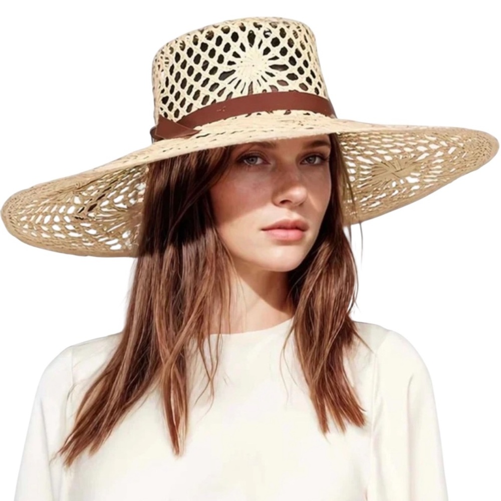 VERONICA BEARD X FREYA Meringue Raffia Beach Hat Cream Sun with Brown Ribbon NWT